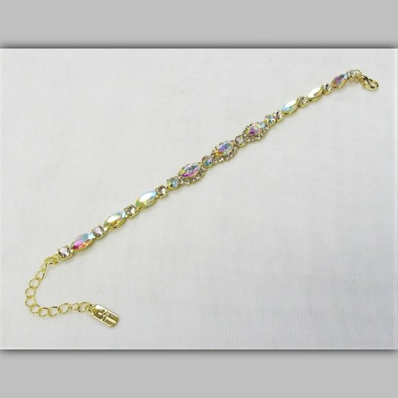 Gold Sparkle Iridescent & Clear Rhinestone Crystal Bracelet Bridal Party Wedding - Picture 2 of 3